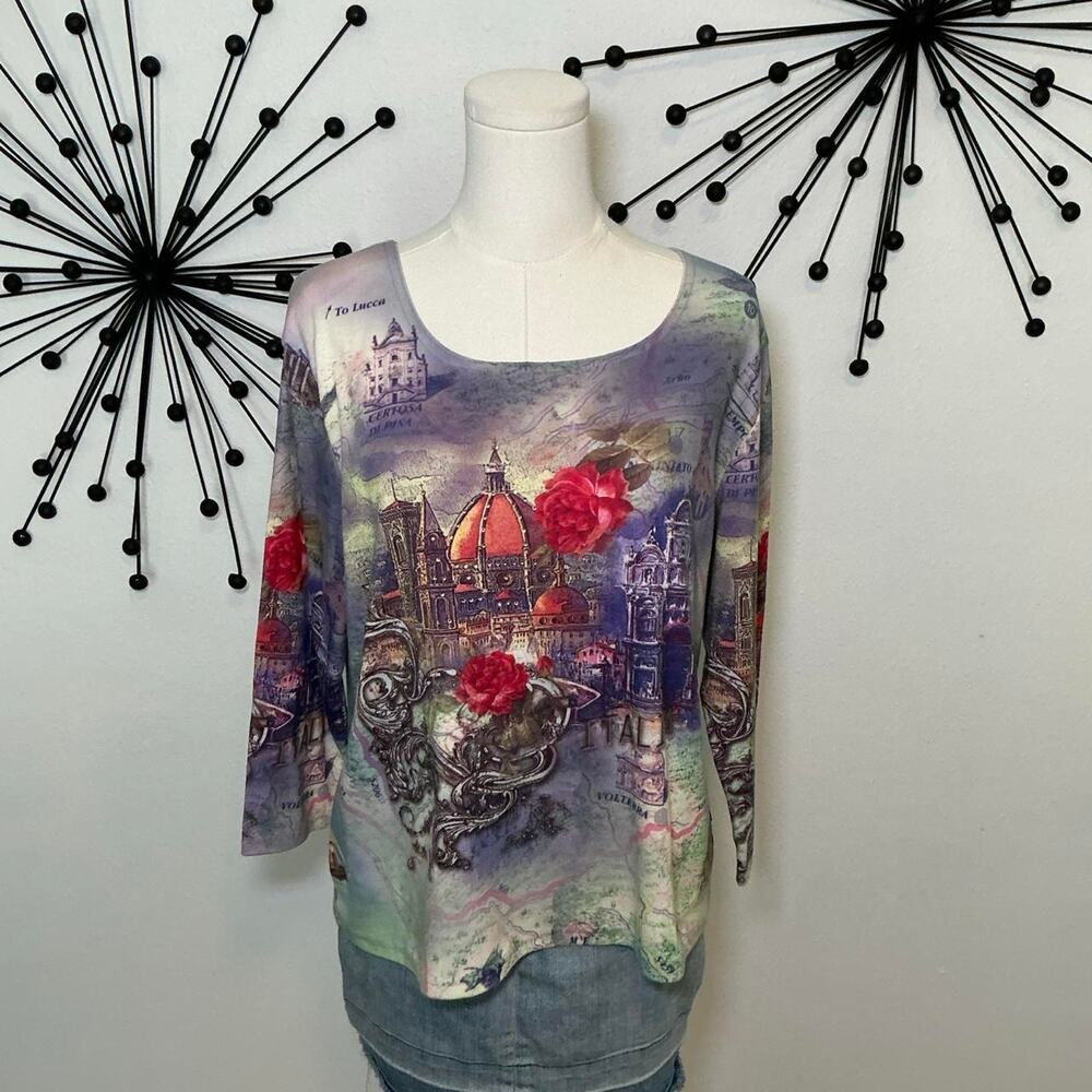 Impulse California Italy Scenic Print Top Size Large Travel Floral 3/4 Sleeve